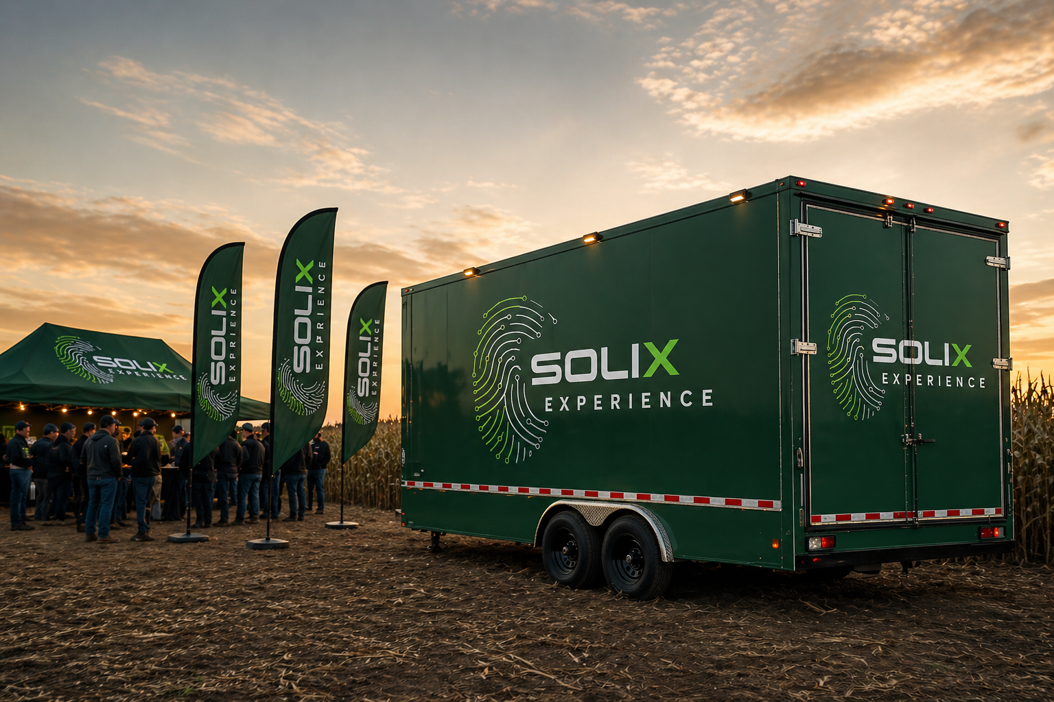 Solix Experience mobile trailer and branded flags at a field demo at sunset